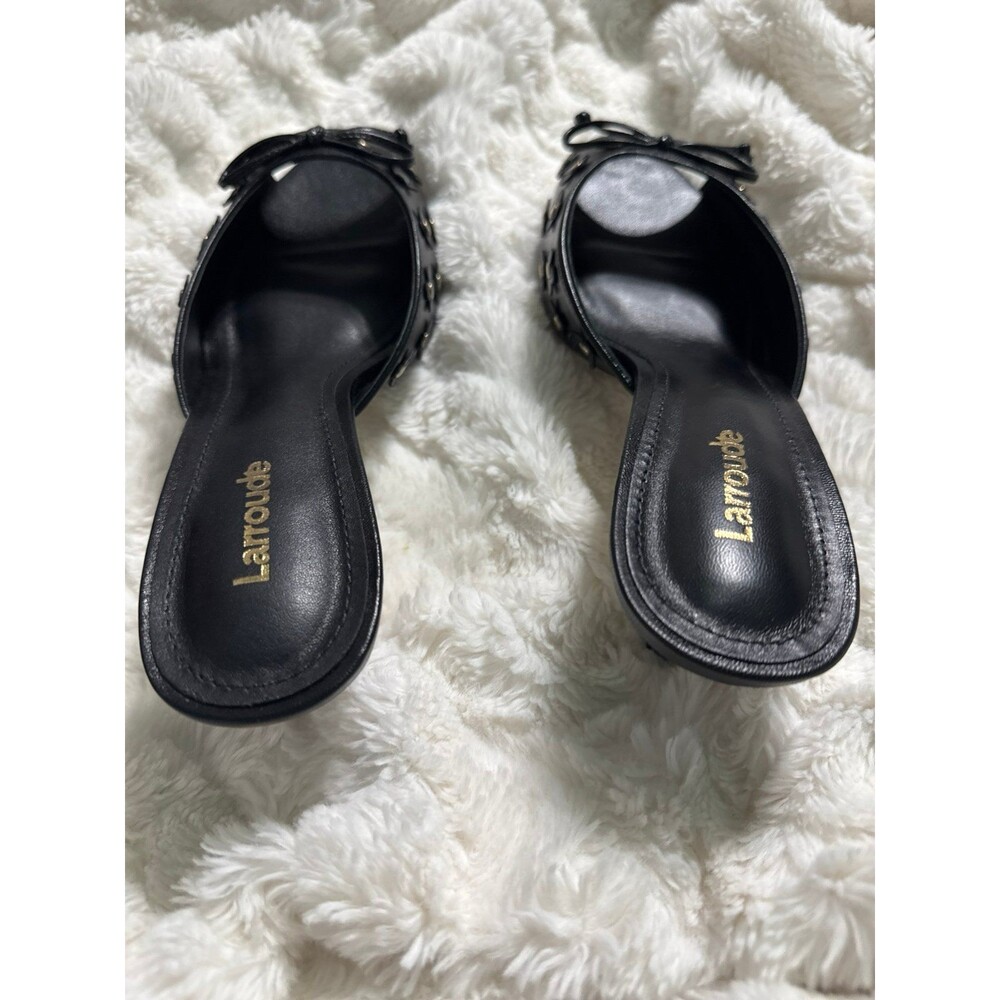 Larroude Jasmine Black Studded Leather Mule Peep Toe Heel - Picture 7 of 9